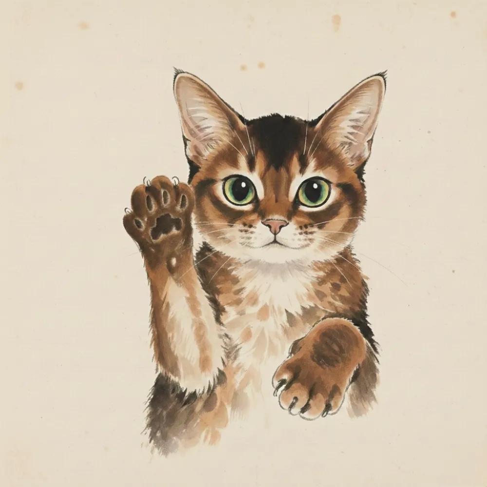 Hand-painted watercolor illustration of a curious tabby cat with green eyes