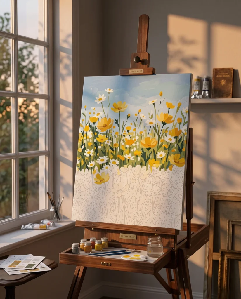 Detailed paint by numbers art kit by Clyvie Muse -Verdant Reverie: The Sun-Drenched Meadow: A Symphony of Wildflowers