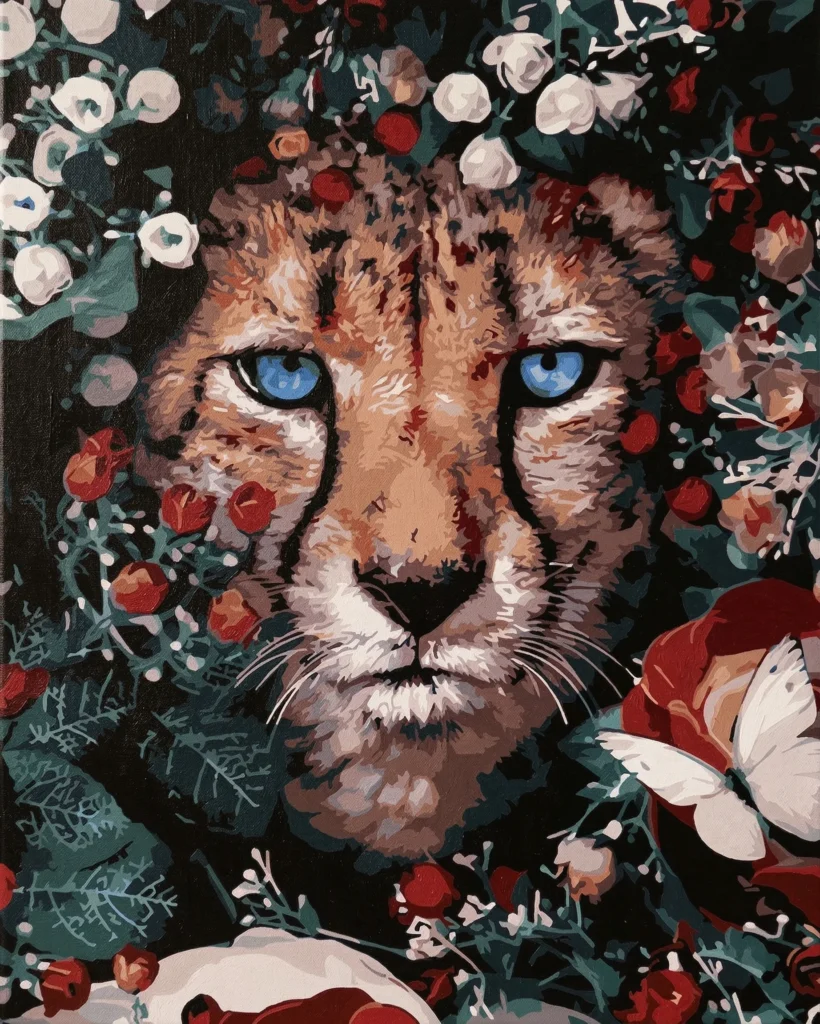 Detailed paint by numbers art kit by Clyvie Muse -The Azure Gaze: Cheetah in the Floral Shallows