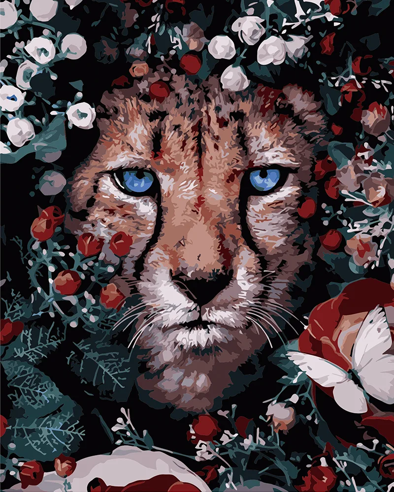 Detailed paint by numbers art kit by Clyvie Muse -The Azure Gaze: Cheetah in the Floral Shallows