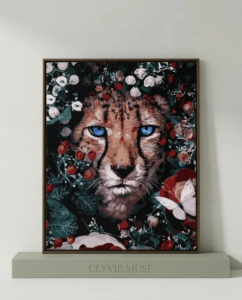 Detailed paint by numbers art kit by Clyvie Muse -The Azure Gaze: Cheetah in the Floral Shallows