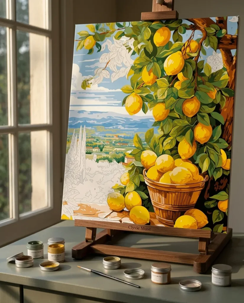 Detailed paint by numbers art kit by Clyvie Muse- Italian Orchard Serenity