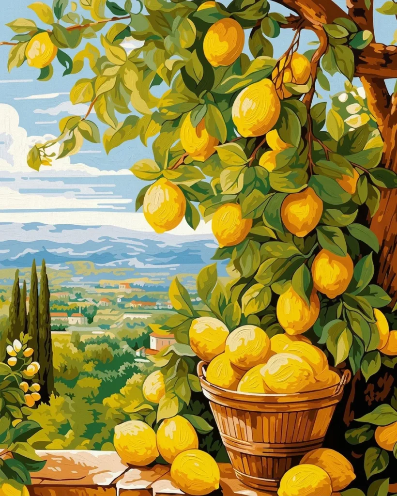 Detailed paint by numbers art kit by Clyvie Muse- Italian Orchard Serenity