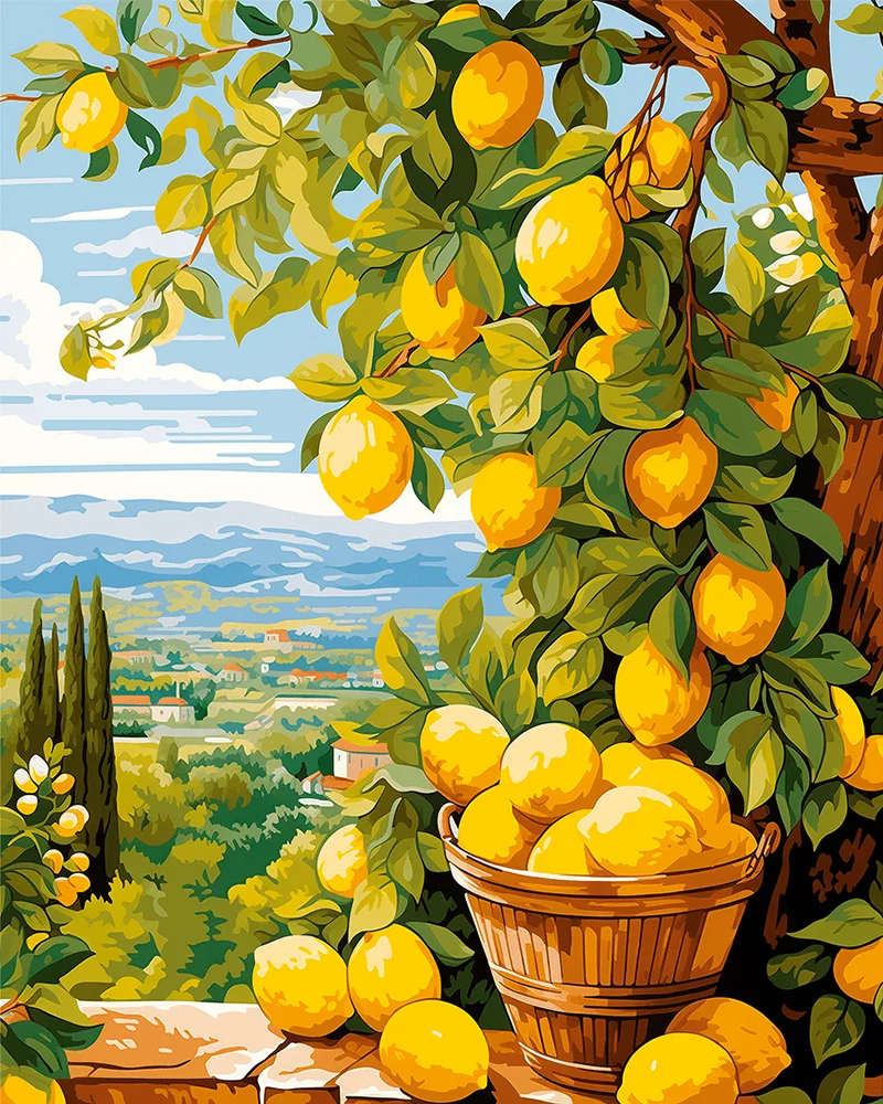 Detailed paint by numbers art kit by Clyvie Muse- Italian Orchard Serenity