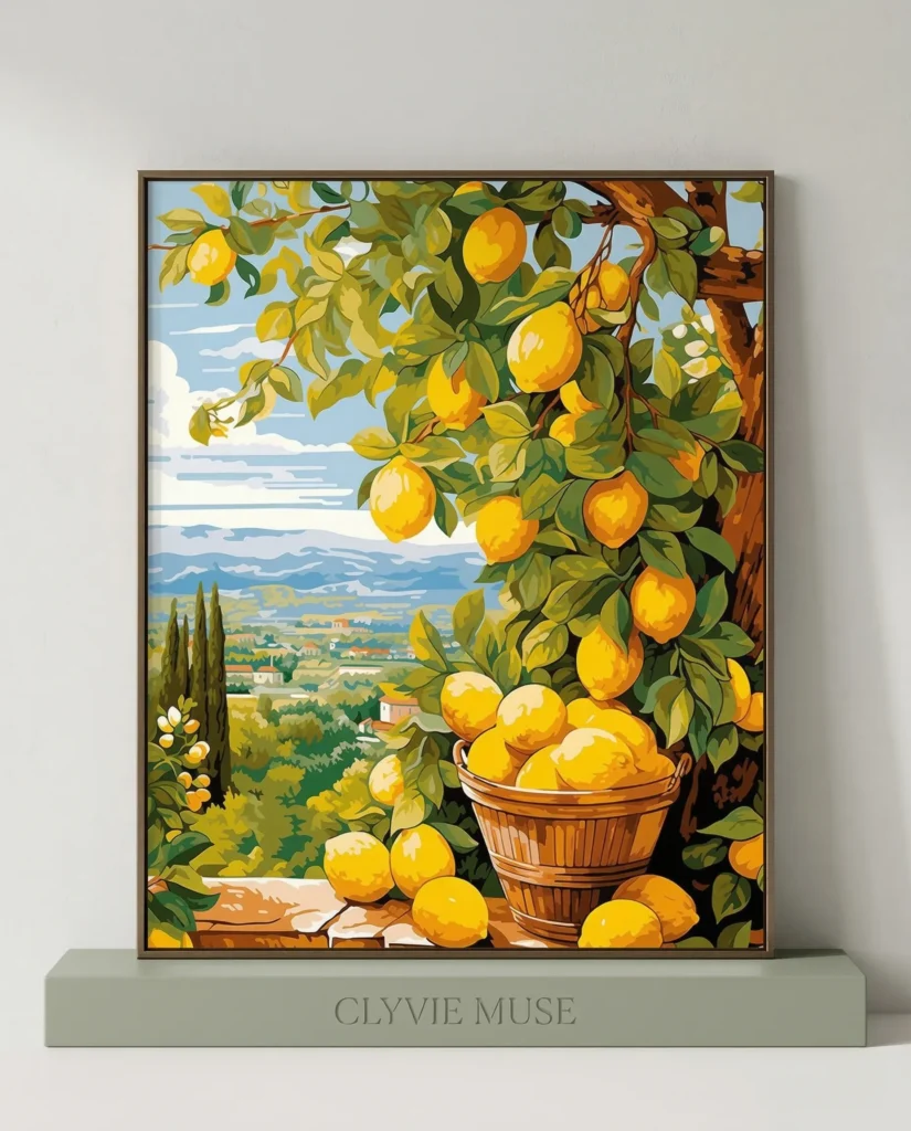 Detailed paint by numbers art kit by Clyvie Muse- Italian Orchard Serenity