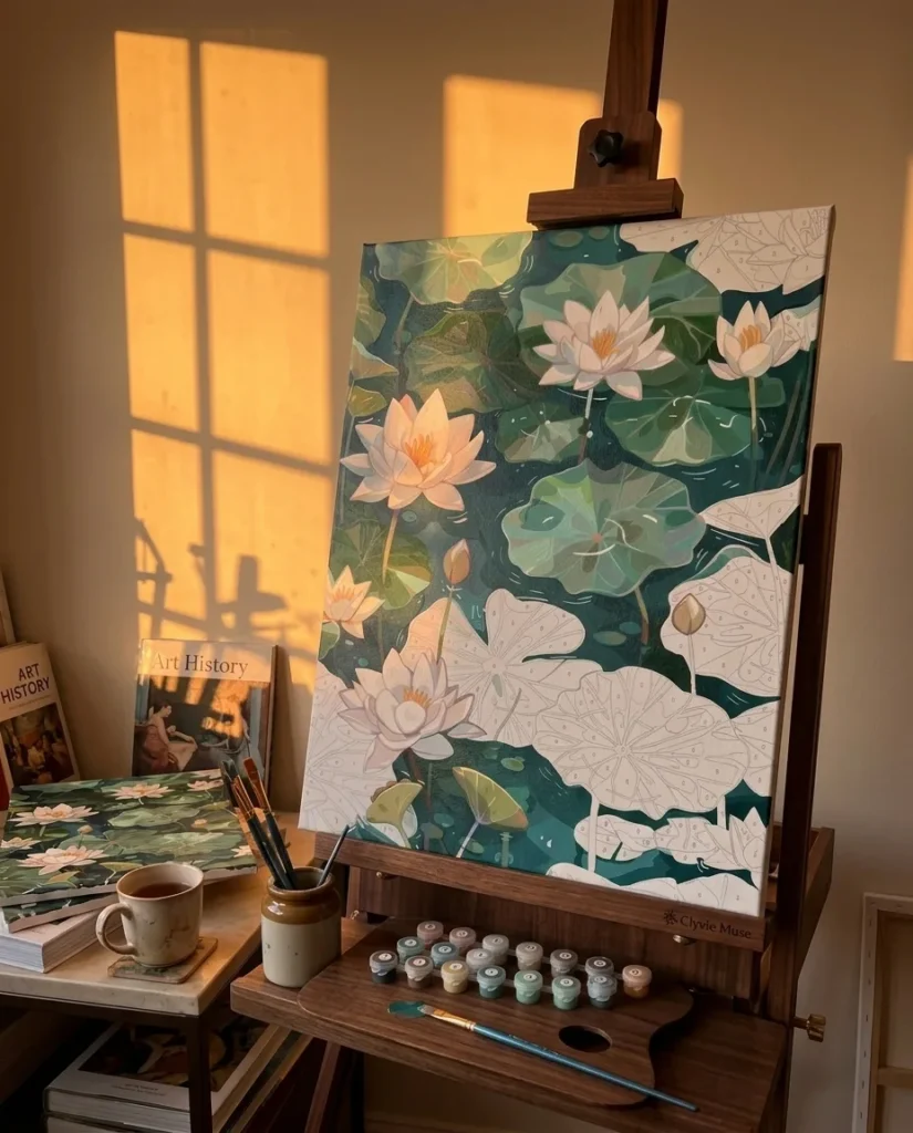 Detailed paint by numbers art kit by Clyvie Muse -Ethereal Waters: A Lotus Pond Masterpiece