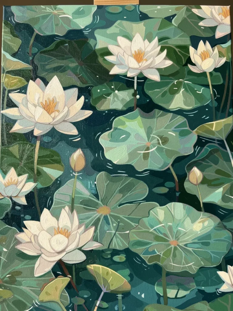 Detailed paint by numbers art kit by Clyvie Muse -Ethereal Waters: A Lotus Pond Masterpiece