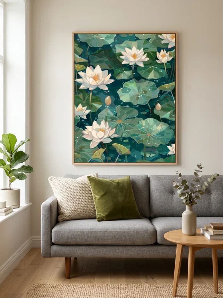 Detailed paint by numbers art kit by Clyvie Muse -Ethereal Waters: A Lotus Pond Masterpiece