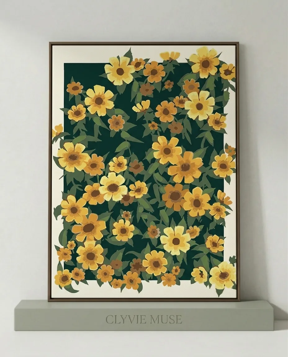 Floral Paint by Numbers - Golden sunflowers on dark green background for Minimalist Home Decor