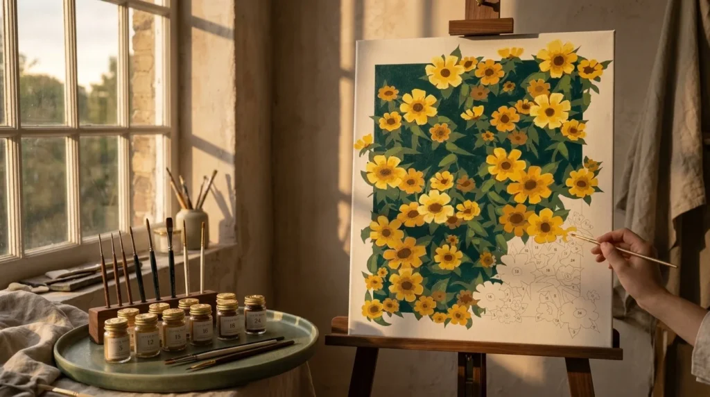 Detailed paint by numbers art kit by Clyvie Muse -Verdant Reverie: Eternal Golden Blooms: A Curated Floral Masterpiece