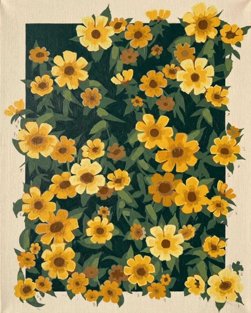 Detailed paint by numbers art kit by Clyvie Muse -Verdant Reverie: Eternal Golden Blooms: A Curated Floral Masterpiece