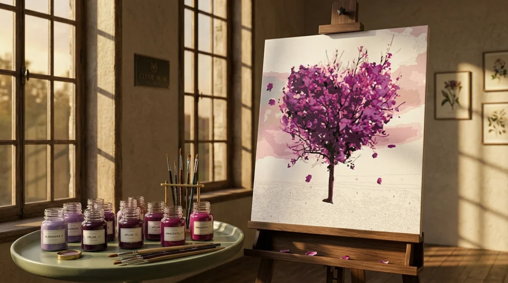 Detailed paint by numbers art kit by Clyvie Muse -Verdant Reverie:The Amethyst Heart: A Blossoming Sanctuary