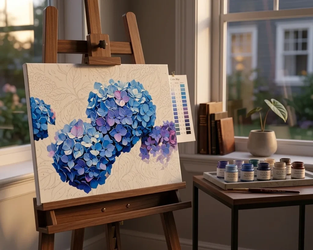 Detailed paint by numbers art kit by Clyvie Muse -Azure Dreamscape: The Clustered Hydrangea Masterpiece