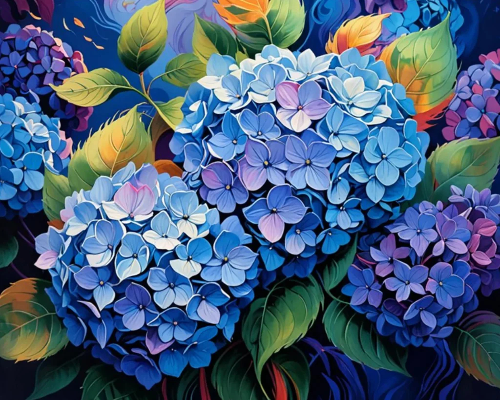 Detailed paint by numbers art kit by Clyvie Muse -Azure Dreamscape: The Clustered Hydrangea Masterpiece