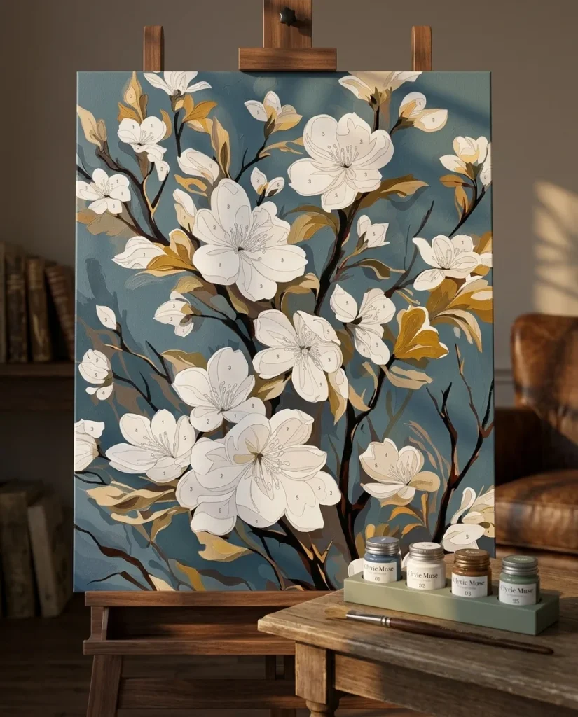 Detailed paint by numbers art kit by Clyvie Muse -Magnolias in Misty Blue