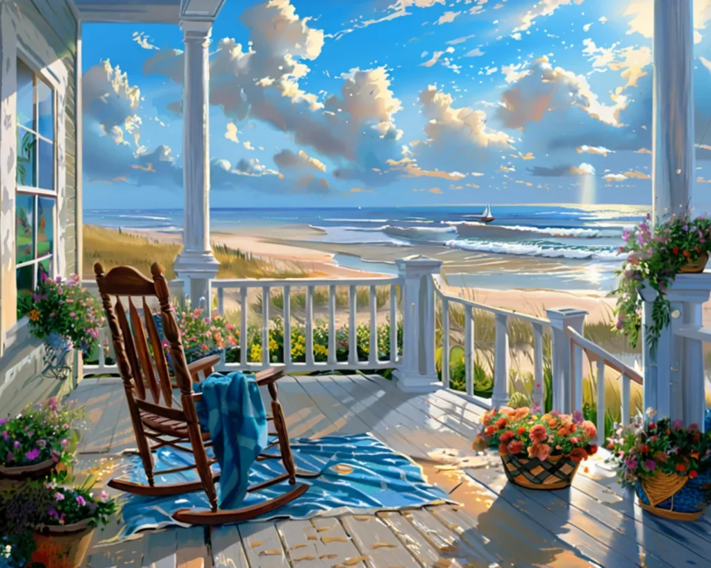 Detailed paint by numbers art kit by Clyvie Muse -The Golden Porch Solitude by the Sea