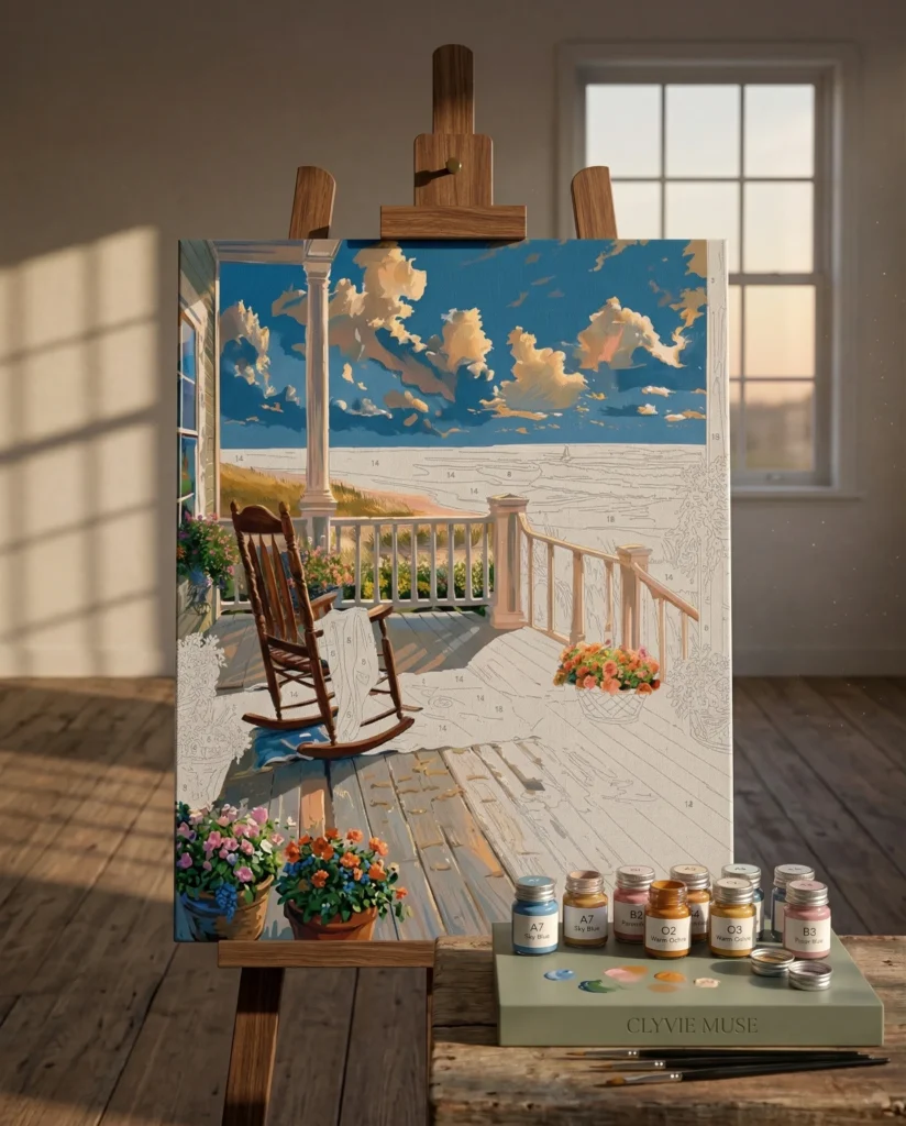 Detailed paint by numbers art kit by Clyvie Muse -The Golden Porch Solitude by the Sea