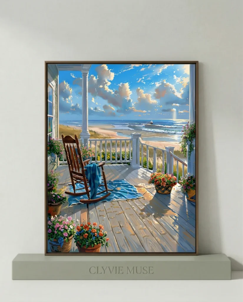 Detailed paint by numbers art kit by Clyvie Muse -The Golden Porch Solitude by the Sea