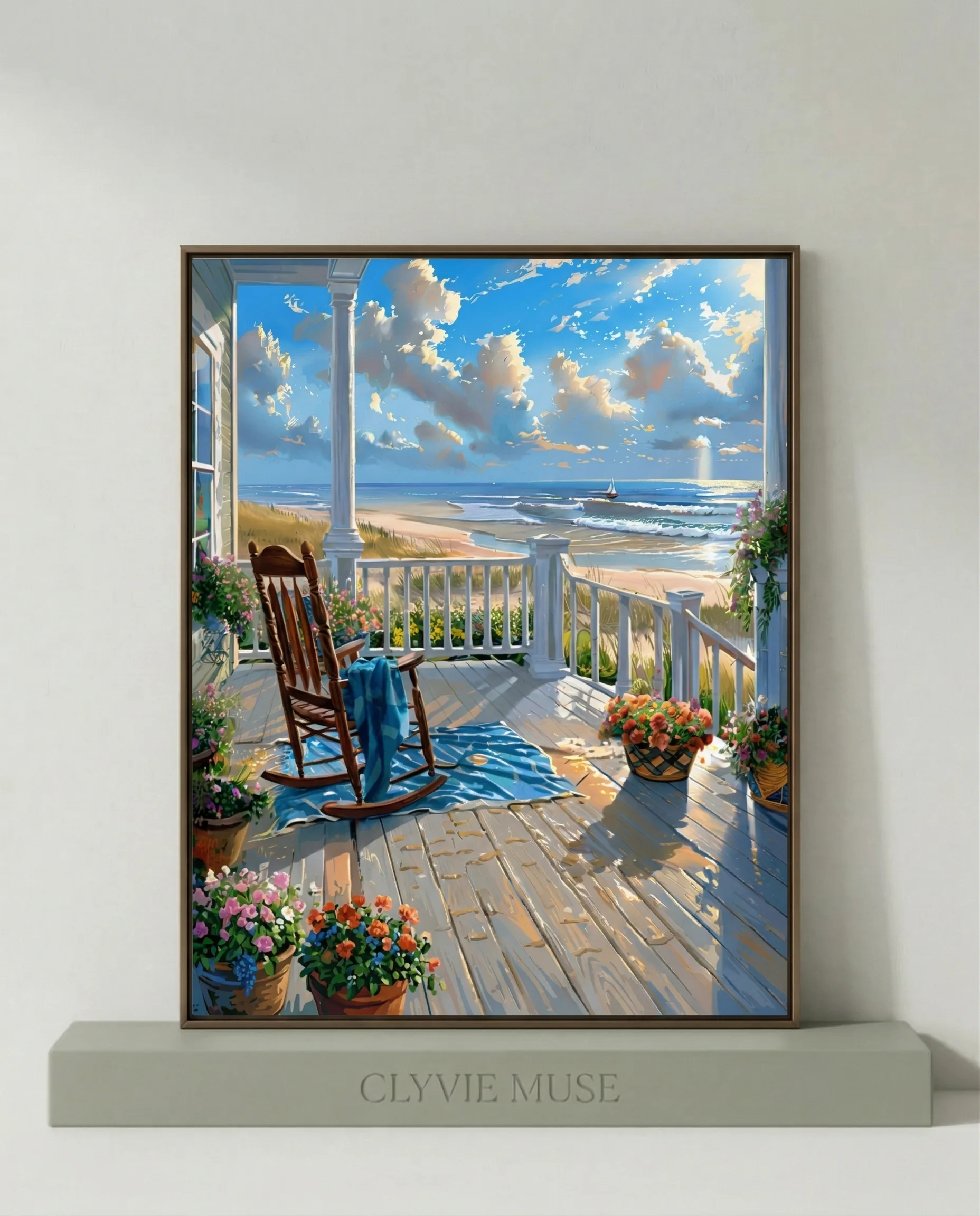 Detailed paint by numbers art kit by Clyvie Muse -The Golden Porch Solitude by the Sea