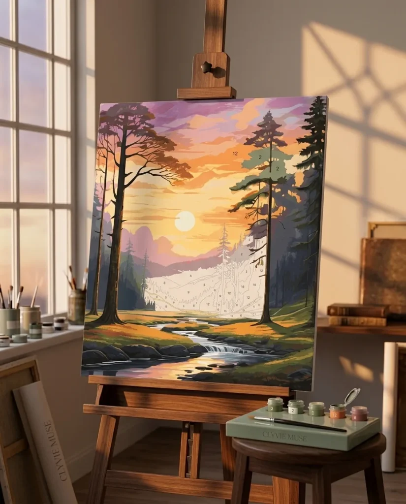 Detailed paint by numbers art kit by Clyvie Muse -Verdant Reverie: The Golden Hour Valley