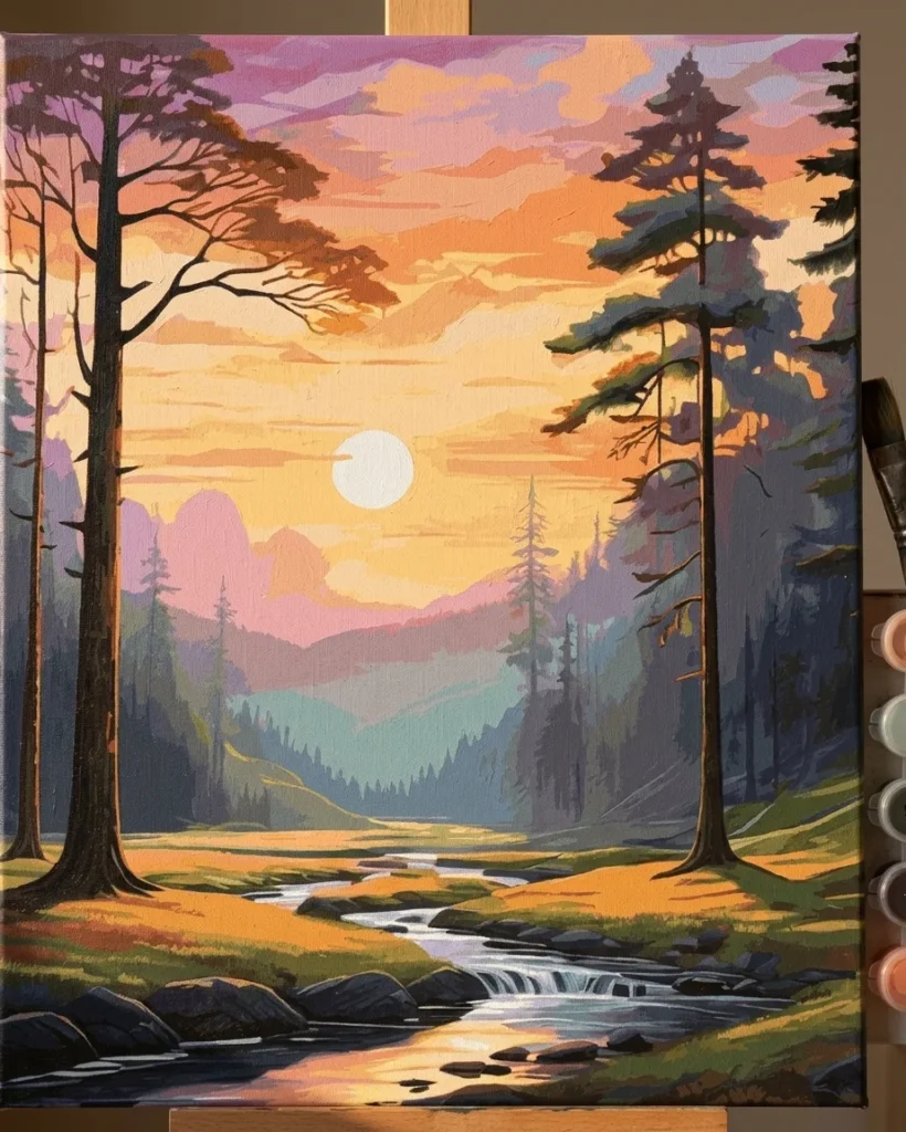 Detailed paint by numbers art kit by Clyvie Muse -Verdant Reverie: The Golden Hour Valley