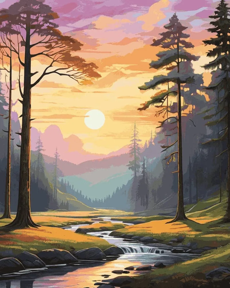 Detailed paint by numbers art kit by Clyvie Muse -Verdant Reverie: The Golden Hour Valley