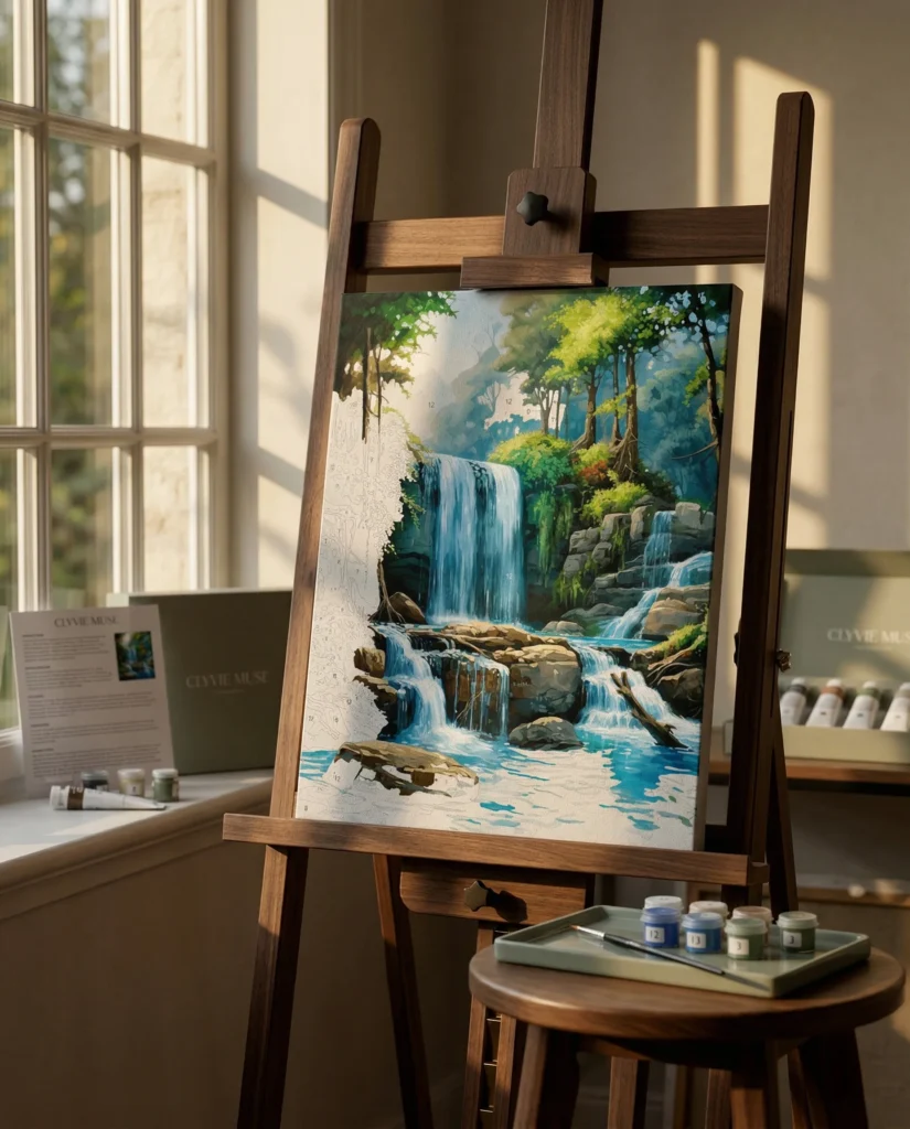 Detailed paint by numbers art kit by Clyvie Muse -Verdant Reverie: Aqueous Cascade: The Sunlit Falls