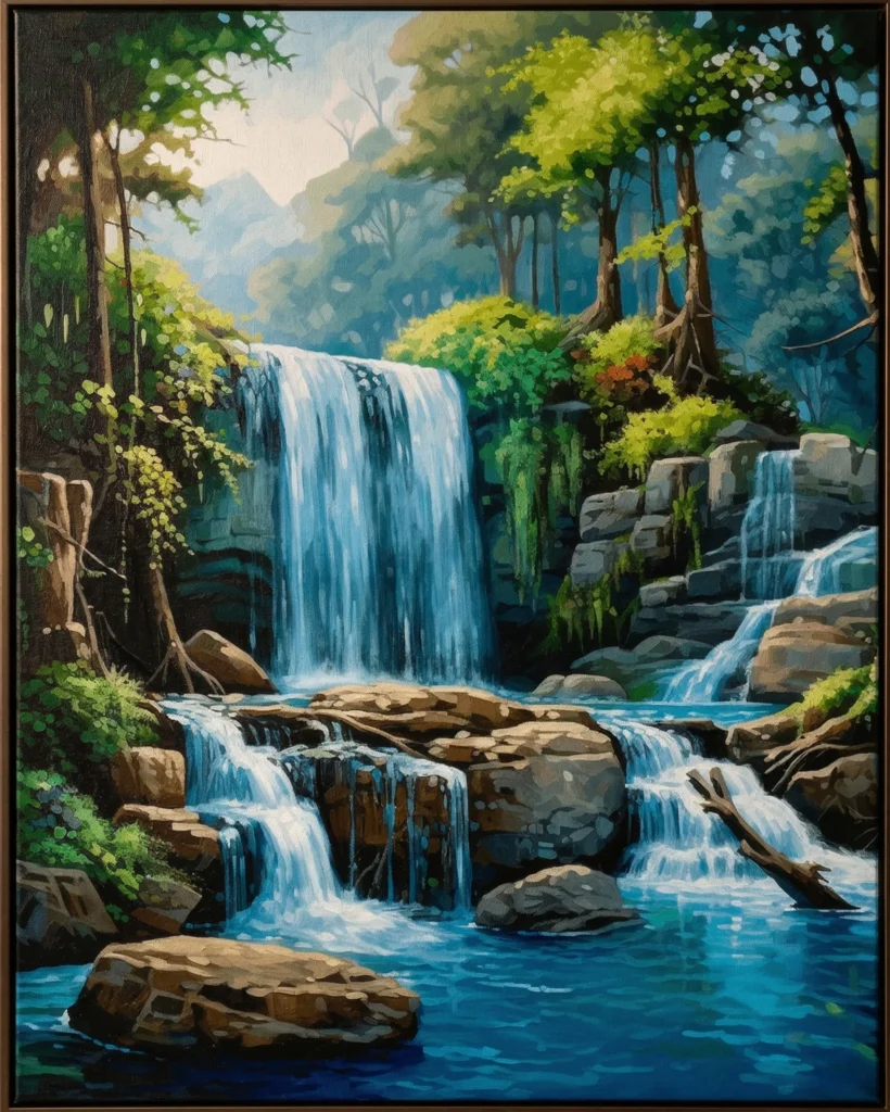 Detailed paint by numbers art kit by Clyvie Muse -Verdant Reverie: Aqueous Cascade: The Sunlit Falls