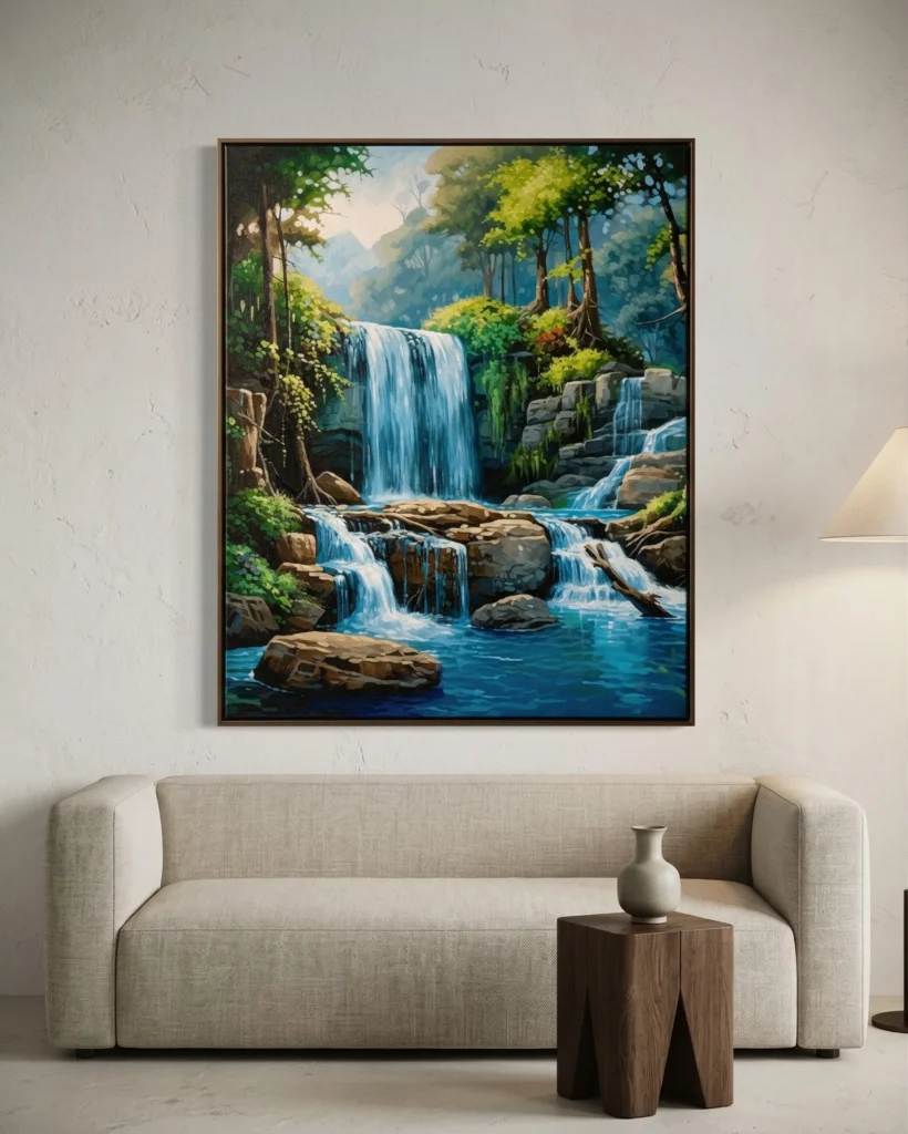 Detailed paint by numbers art kit by Clyvie Muse -Verdant Reverie: Aqueous Cascade: The Sunlit Falls