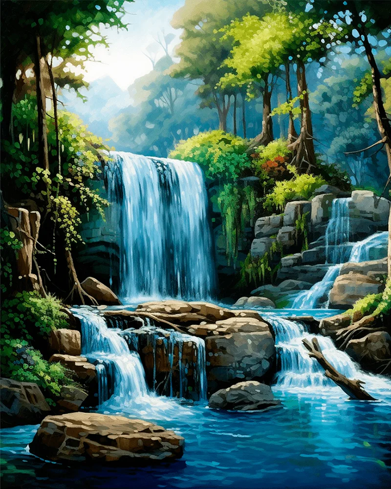 Detailed paint by numbers art kit by Clyvie Muse -Verdant Reverie: Aqueous Cascade: The Sunlit Falls