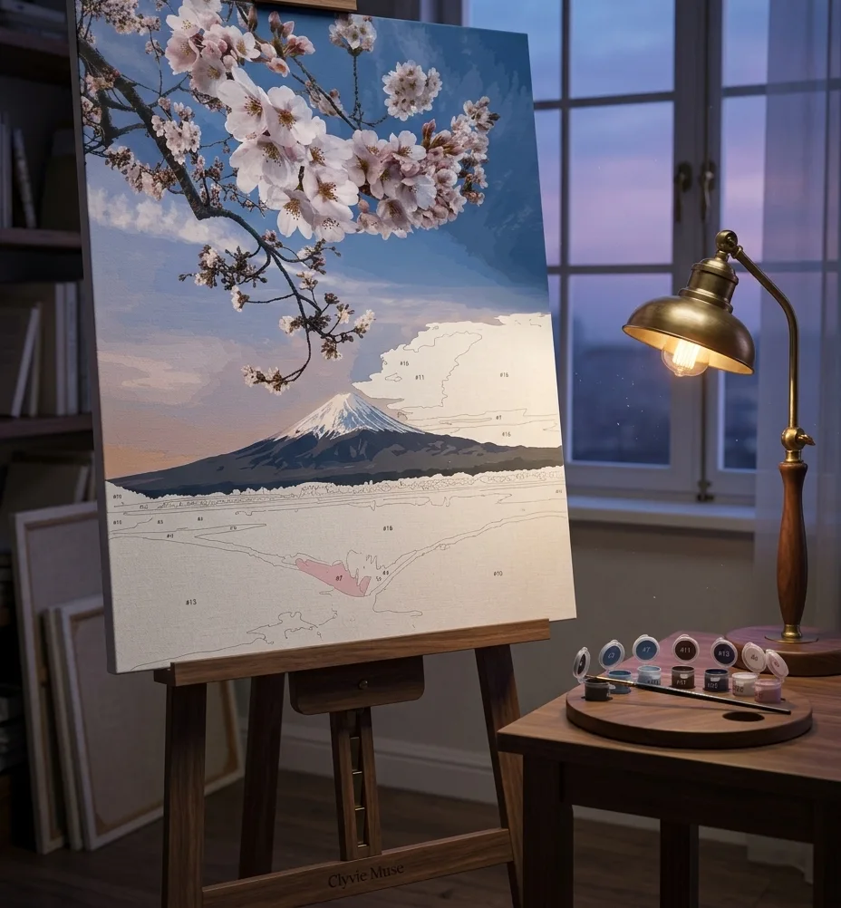 A high-end product showcase of a Clyvie Muse Paint-by-Numbers masterpiece. The artwork, featuring a serene Mt. Fuji and cherry blossoms in a painterly, block-color style, is mounted in a slim dark bronze frame. It sits center-aligned on a minimalist sage green stone plinth engraved with "CLYVIE MUSE" against a soft stone-gray textured wall. Soft natural lighting from the left creates a subtle, elegant shadow.
