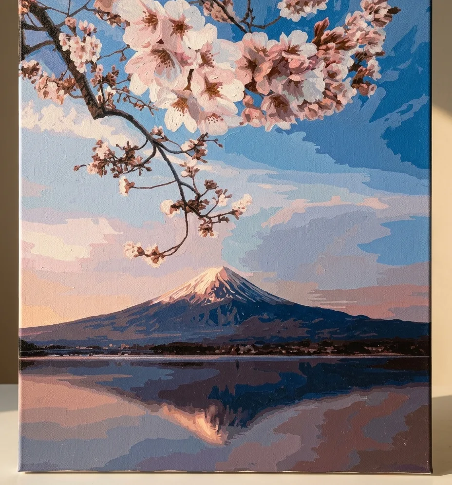 A high-end product showcase of a Clyvie Muse Paint-by-Numbers masterpiece. The artwork, featuring a serene Mt. Fuji and cherry blossoms in a painterly, block-color style, is mounted in a slim dark bronze frame. It sits center-aligned on a minimalist sage green stone plinth engraved with "CLYVIE MUSE" against a soft stone-gray textured wall. Soft natural lighting from the left creates a subtle, elegant shadow.