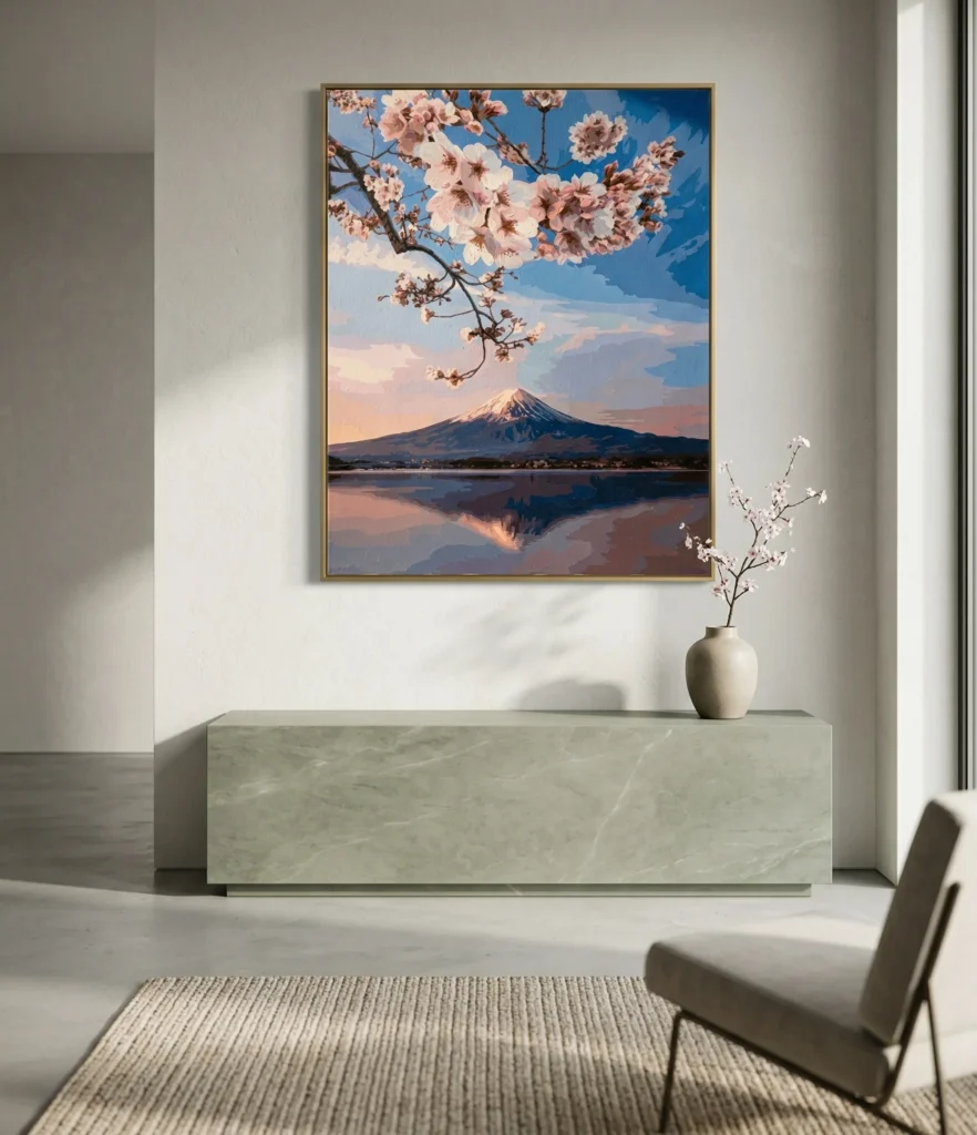 A high-end product showcase of a Clyvie Muse Paint-by-Numbers masterpiece. The artwork, featuring a serene Mt. Fuji and cherry blossoms in a painterly, block-color style, is mounted in a slim dark bronze frame. It sits center-aligned on a minimalist sage green stone plinth engraved with "CLYVIE MUSE" against a soft stone-gray textured wall. Soft natural lighting from the left creates a subtle, elegant shadow.