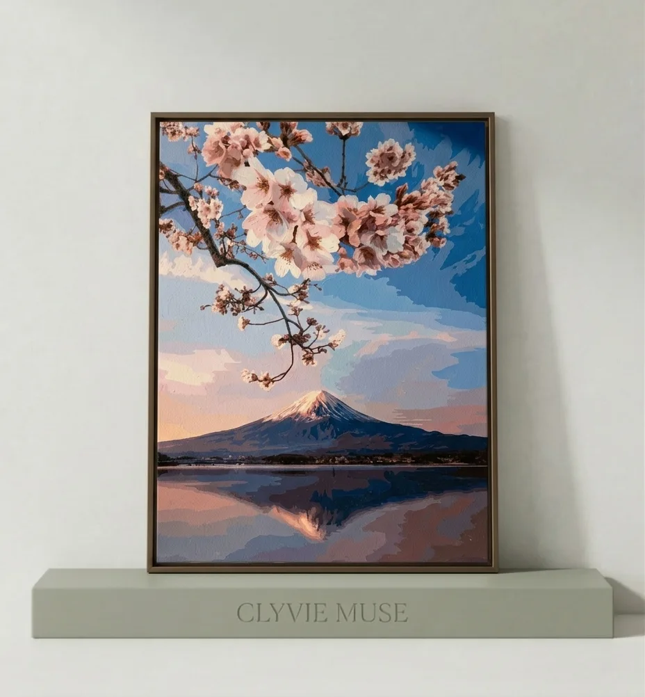 A high-end product showcase of a Clyvie Muse Paint-by-Numbers masterpiece. The artwork, featuring a serene Mt. Fuji and cherry blossoms in a painterly, block-color style, is mounted in a slim dark bronze frame. It sits center-aligned on a minimalist sage green stone plinth engraved with "CLYVIE MUSE" against a soft stone-gray textured wall. Soft natural lighting from the left creates a subtle, elegant shadow.