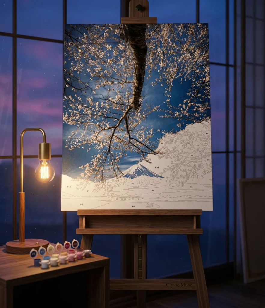A high-end product showcase of a Clyvie Muse Paint-by-Numbers artwork. The painting features a dramatic upward perspective of Mount Fuji through a dense, intricate canopy of cherry blossom branches against a deep azure sky. Mounted in a slender dark bronze frame, the artwork is centered on a signature sage green stone plinth with "CLYVIE MUSE" inscription. Set against a minimalist stone-gray wall with soft, natural side lighting.