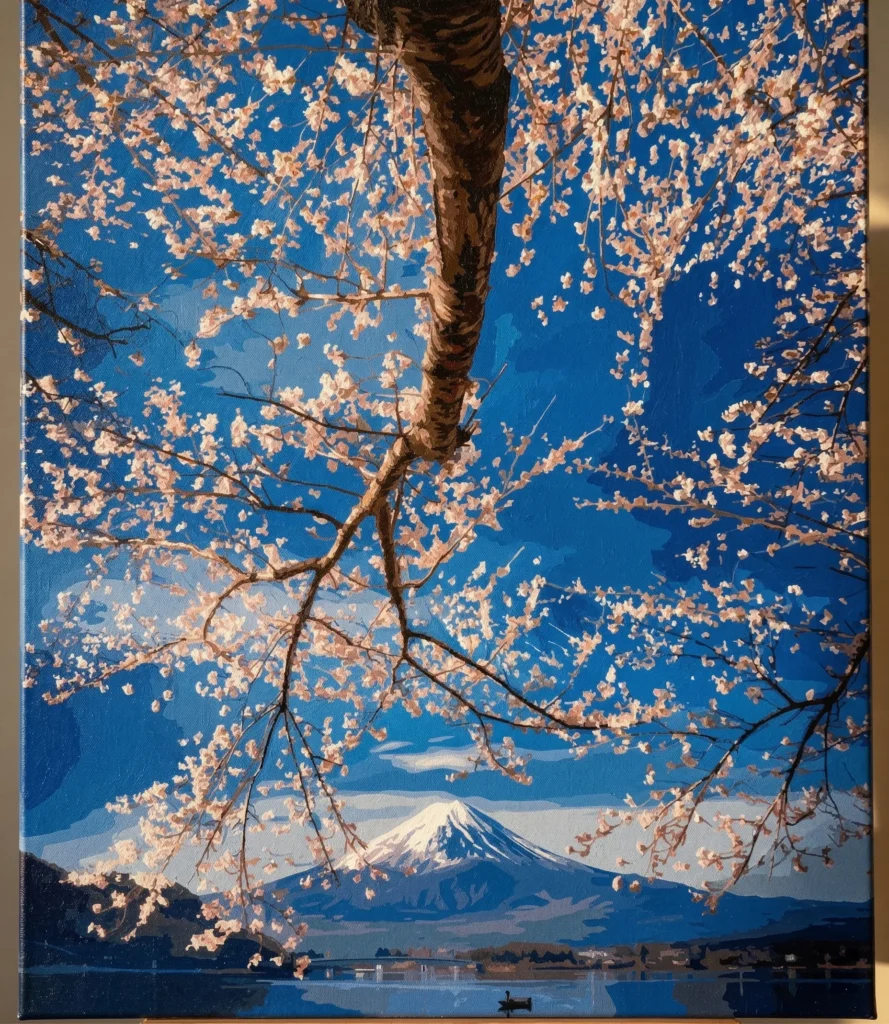 A high-end product showcase of a Clyvie Muse Paint-by-Numbers artwork. The painting features a dramatic upward perspective of Mount Fuji through a dense, intricate canopy of cherry blossom branches against a deep azure sky. Mounted in a slender dark bronze frame, the artwork is centered on a signature sage green stone plinth with "CLYVIE MUSE" inscription. Set against a minimalist stone-gray wall with soft, natural side lighting.