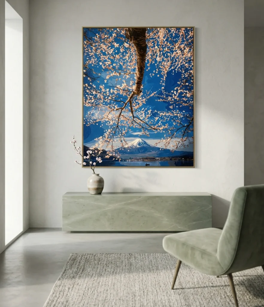 A high-end product showcase of a Clyvie Muse Paint-by-Numbers artwork. The painting features a dramatic upward perspective of Mount Fuji through a dense, intricate canopy of cherry blossom branches against a deep azure sky. Mounted in a slender dark bronze frame, the artwork is centered on a signature sage green stone plinth with "CLYVIE MUSE" inscription. Set against a minimalist stone-gray wall with soft, natural side lighting.