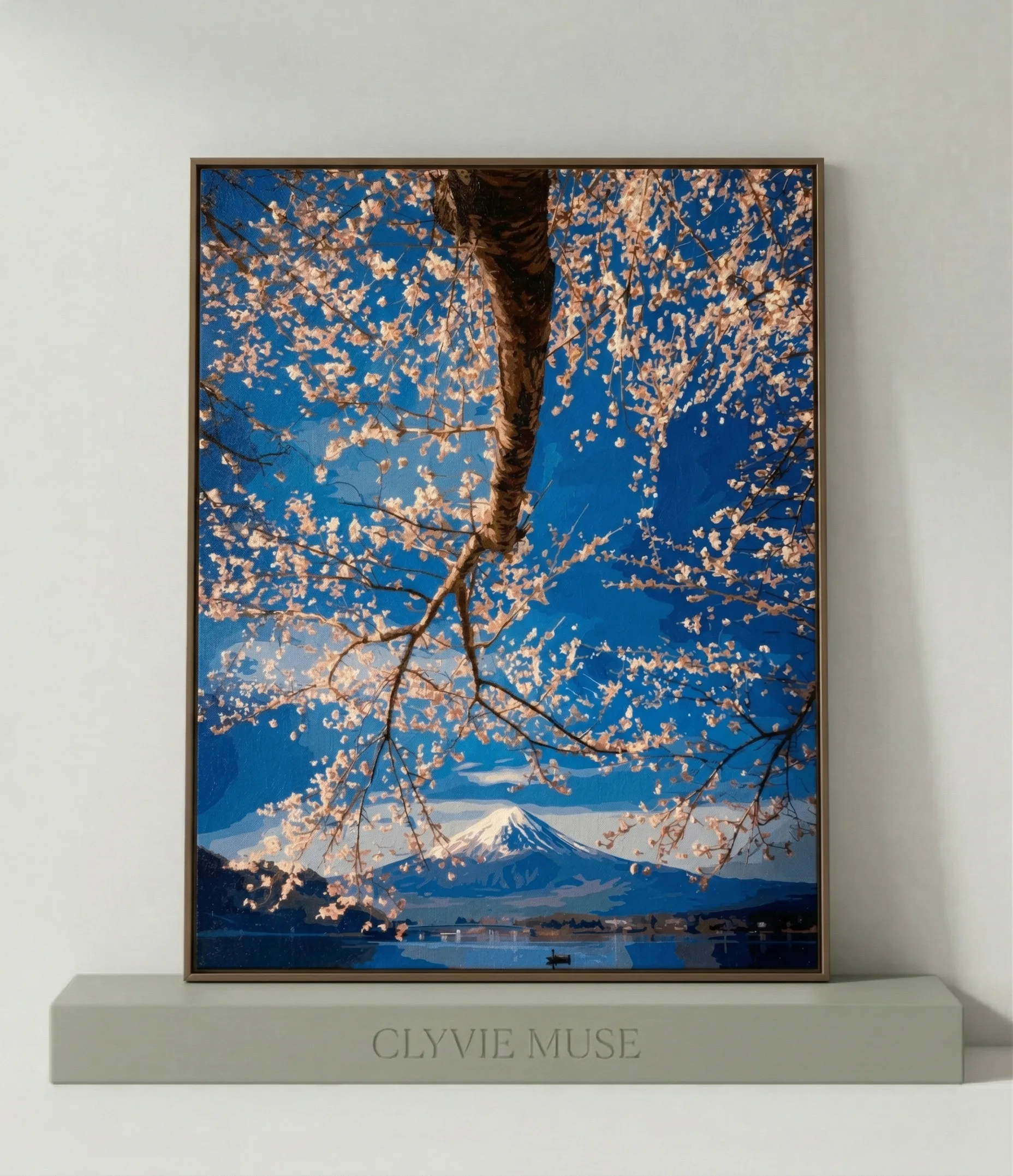 Fuji Cherry Blossom Paint by Numbers - Japanese mountain and blossoms on a lake reflection for minimalist home decor.