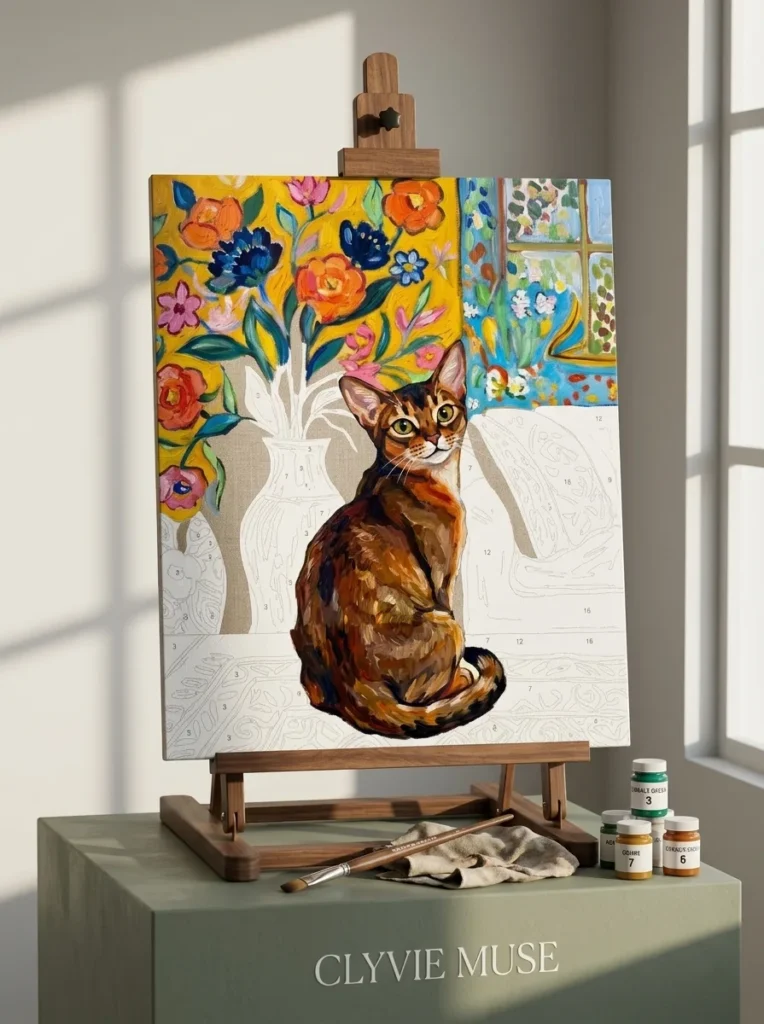 Cat DIY Paint by Numbers - Matisse style cat in floral room for Minimalist Home Decor