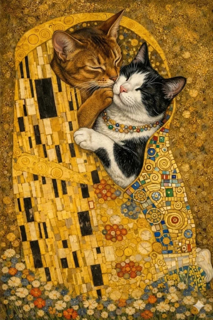 A Klimt-inspired DIY paint-by-numbers canvas artwork titled 'Feline Folds: A Golden Kiss,' depicting two affectionate cats in a gold mosaic embrace, set against a background of gold leaf and flowers.