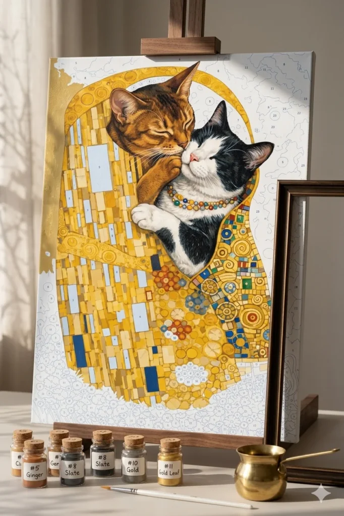 A Klimt-inspired DIY paint-by-numbers canvas artwork titled 'Feline Folds: A Golden Kiss,' depicting two affectionate cats in a gold mosaic embrace, set against a background of gold leaf and flowers.