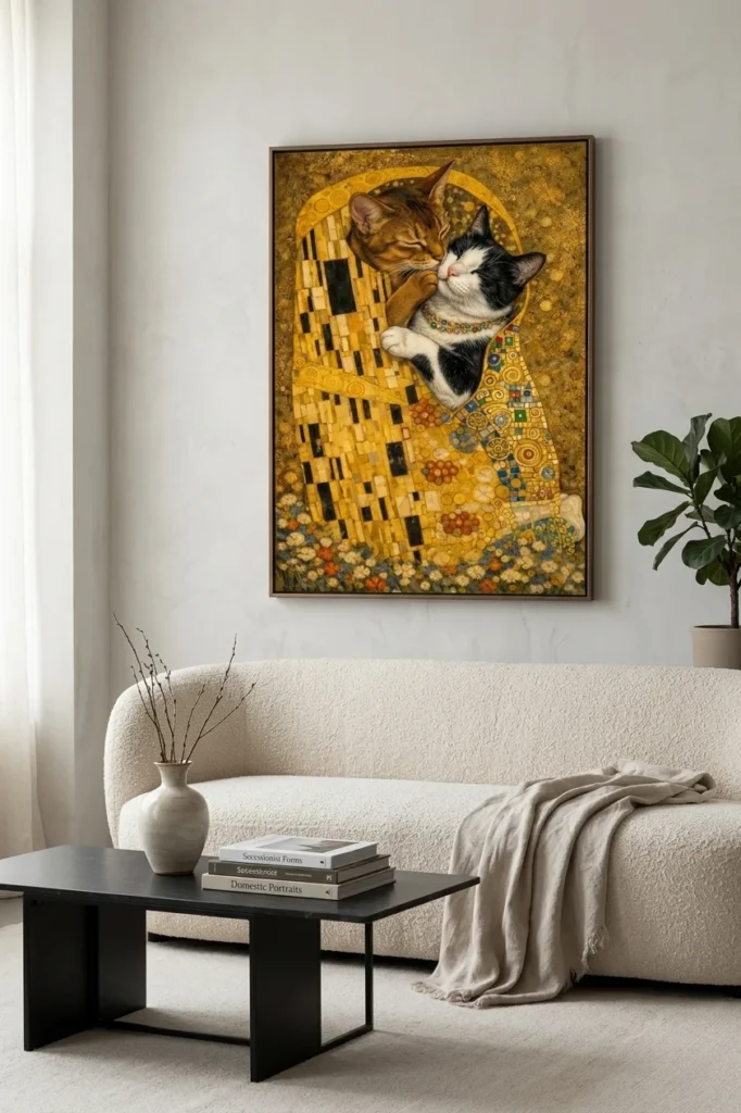A Klimt-inspired DIY paint-by-numbers canvas artwork titled 'Feline Folds: A Golden Kiss,' depicting two affectionate cats in a gold mosaic embrace, set against a background of gold leaf and flowers.