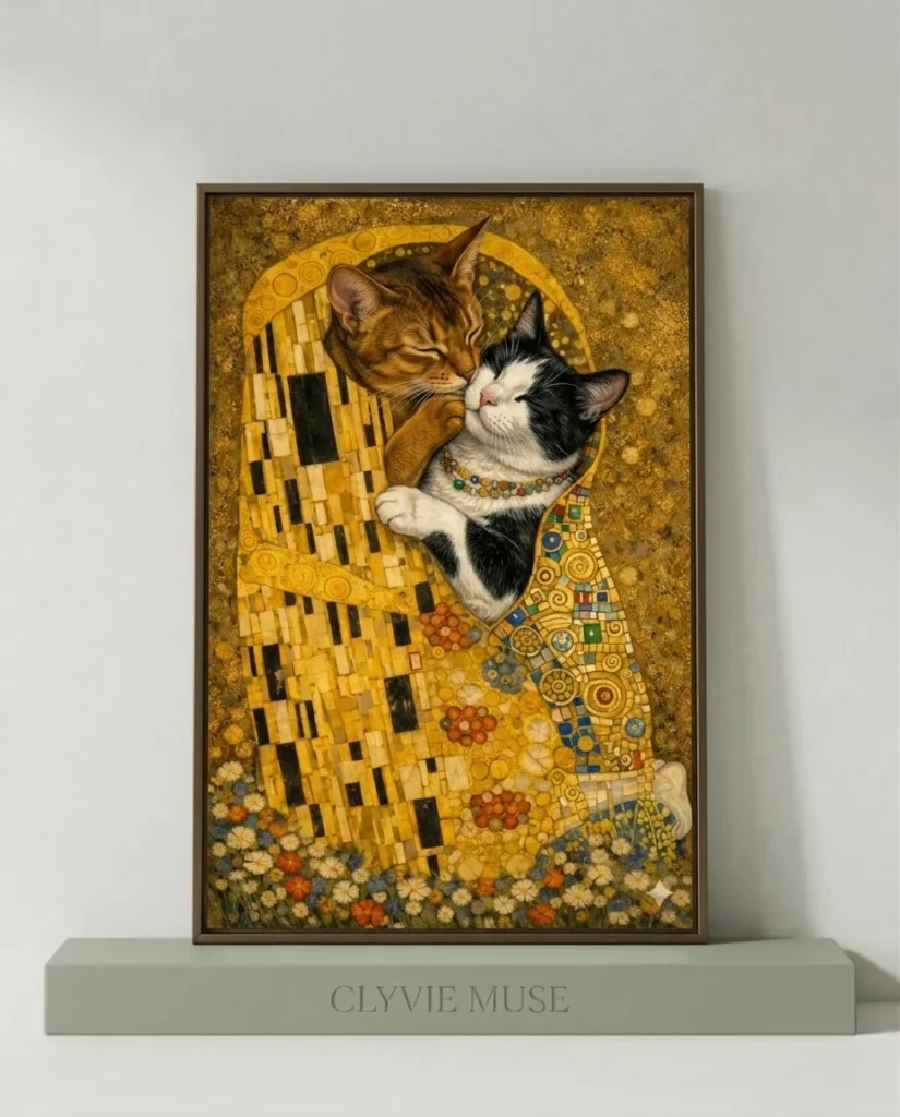 Klimt Cat Paint by Numbers - Golden mosaic feline embrace in bronze frame for Minimalist Home Decor