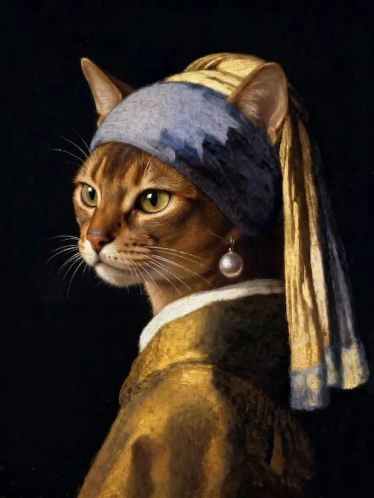 A completed DIY paint-by-numbers canvas artwork, depicting a tabby cat as Vermeer's 'Girl with a Pearl Earring,' complete with the blue and gold turban and large pearl earring, in a dark bronze frame.