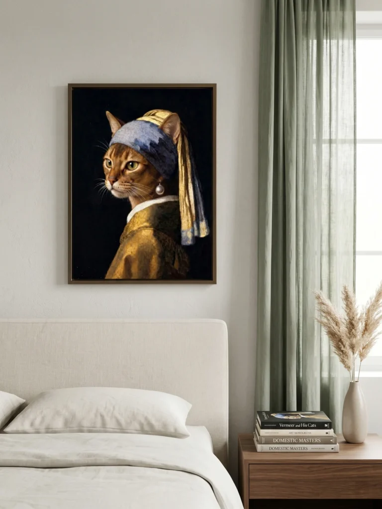 A completed DIY paint-by-numbers canvas artwork, depicting a tabby cat as Vermeer's 'Girl with a Pearl Earring,' complete with the blue and gold turban and large pearl earring, in a dark bronze frame.
