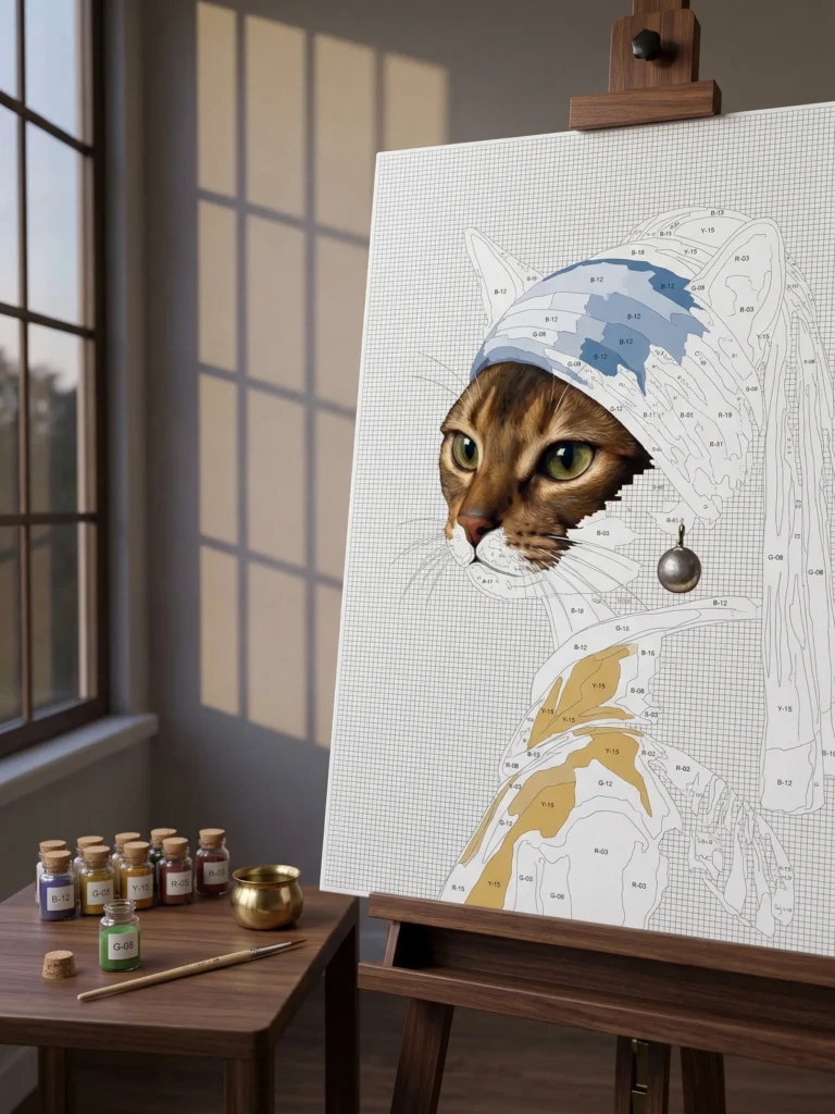 A completed DIY paint-by-numbers canvas artwork, depicting a tabby cat as Vermeer's 'Girl with a Pearl Earring,' complete with the blue and gold turban and large pearl earring, in a dark bronze frame.
