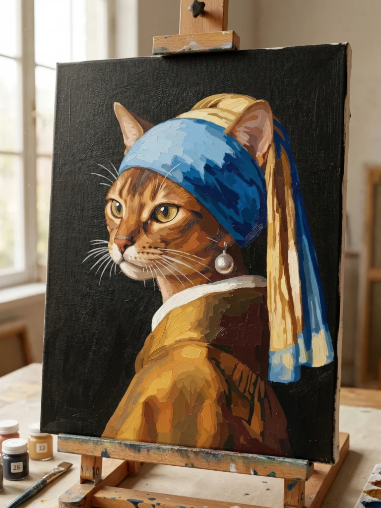 A completed DIY paint-by-numbers canvas artwork, depicting a tabby cat as Vermeer's 'Girl with a Pearl Earring,' complete with the blue and gold turban and large pearl earring, in a dark bronze frame.