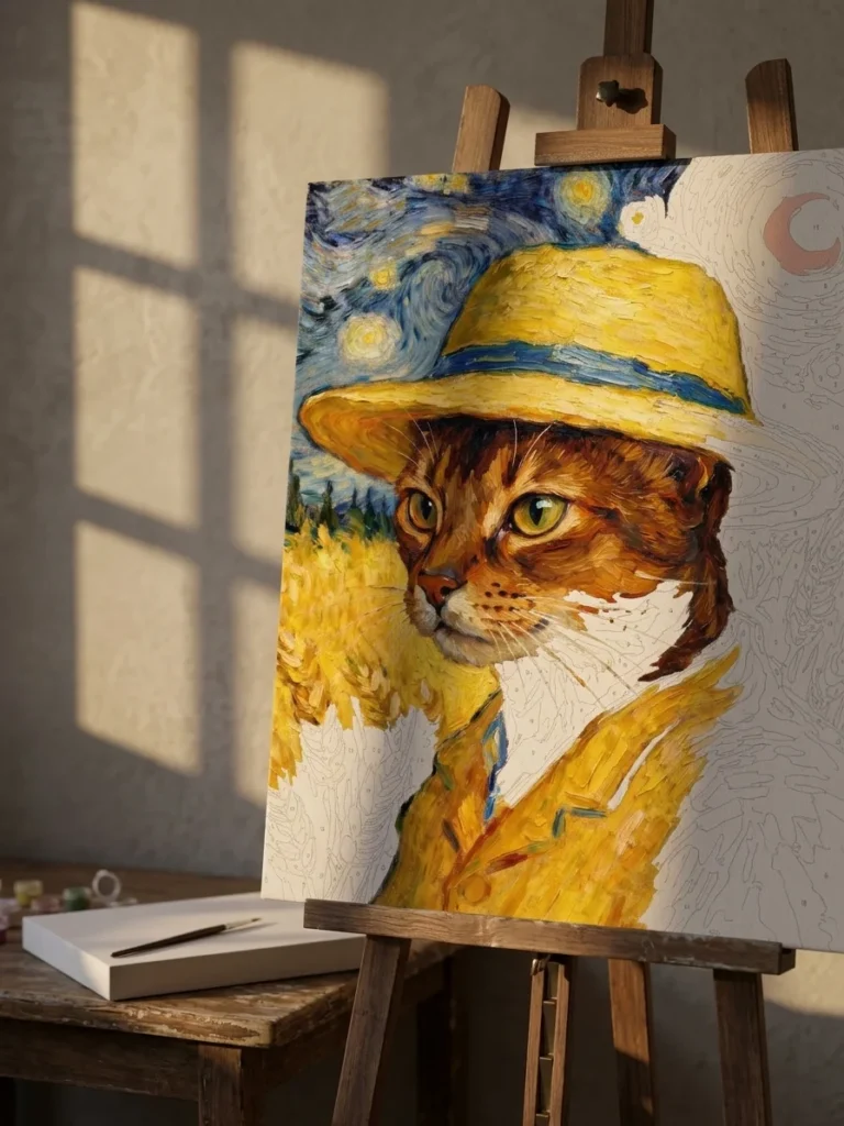 Van Gogh Style Cat Paint by Numbers - Impressionist cat in wheat field for Minimalist Home Decor