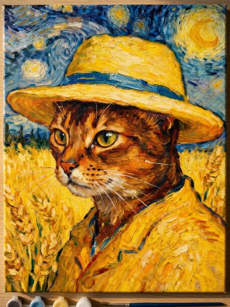 Van Gogh Style Cat Paint by Numbers - Impressionist cat in wheat field for Minimalist Home Decor