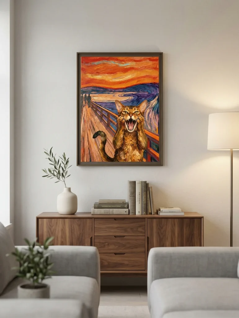 A completed DIY paint-by-numbers canvas of a Bengal cat in the style of Edvard Munch’s 'The Scream', featuring bold acrylic brush strokes, visible linen canvas texture, and a simplified artistic color palette.